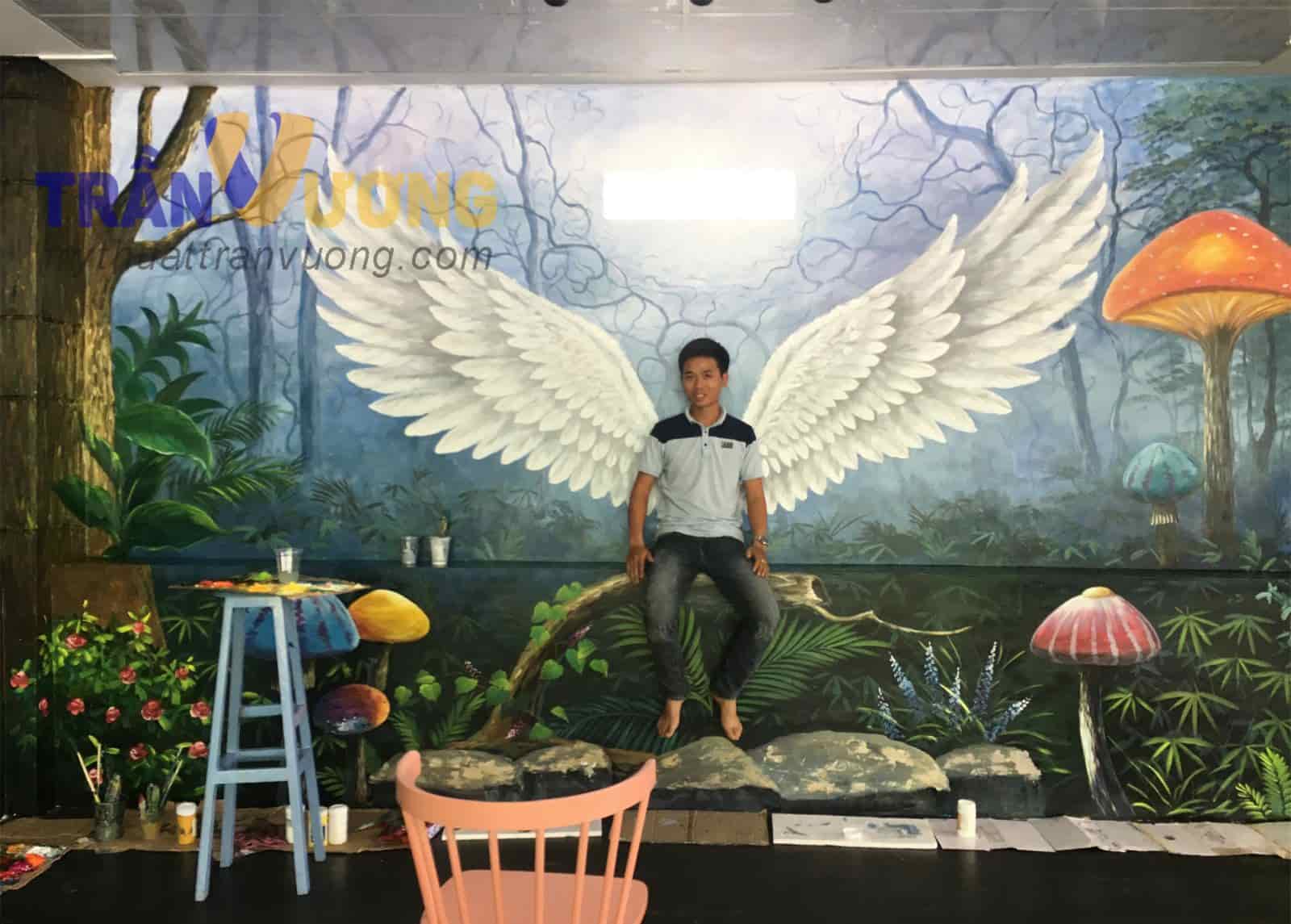 Tranh tường quán cafe đôi cánh thiên thần