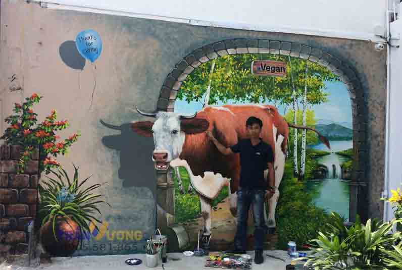 Vẽ tranh tường 3D nghệ thuật thăng hoa, con bò sữa