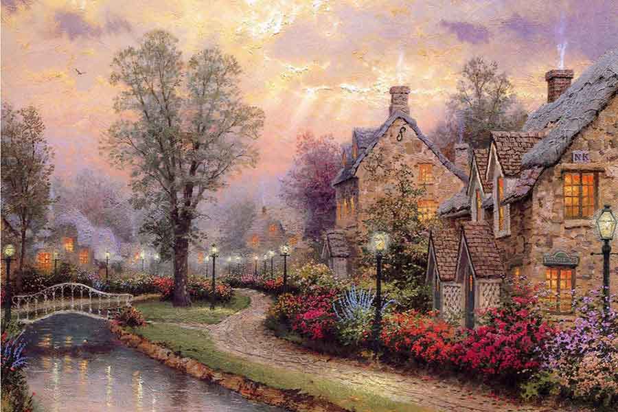 Vẽ tranh tường phong cảnh làng quê, ngôi nhà bên dòng sông