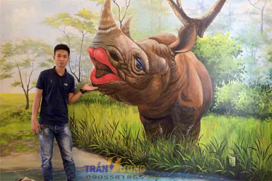 Vẽ tranh tường 3d - Tê giác trên đồng cỏ
