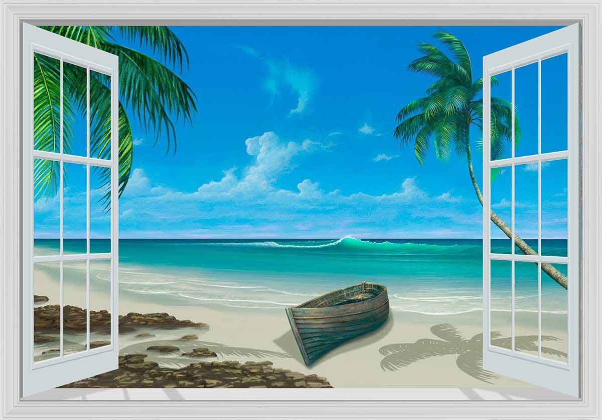 Tranh dán tường phong cảnh bãi biển cây dừa và thuyền buồn 5D076
