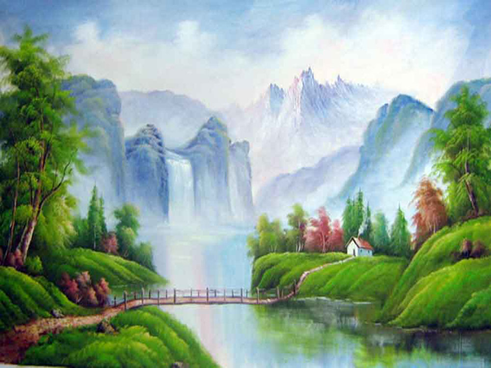 Rừng cây, núi và cây cầu bắt qua sông