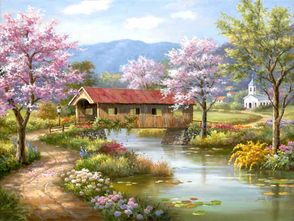 Ngôi nhà bên hồ nước với những cây xoan nở hoa